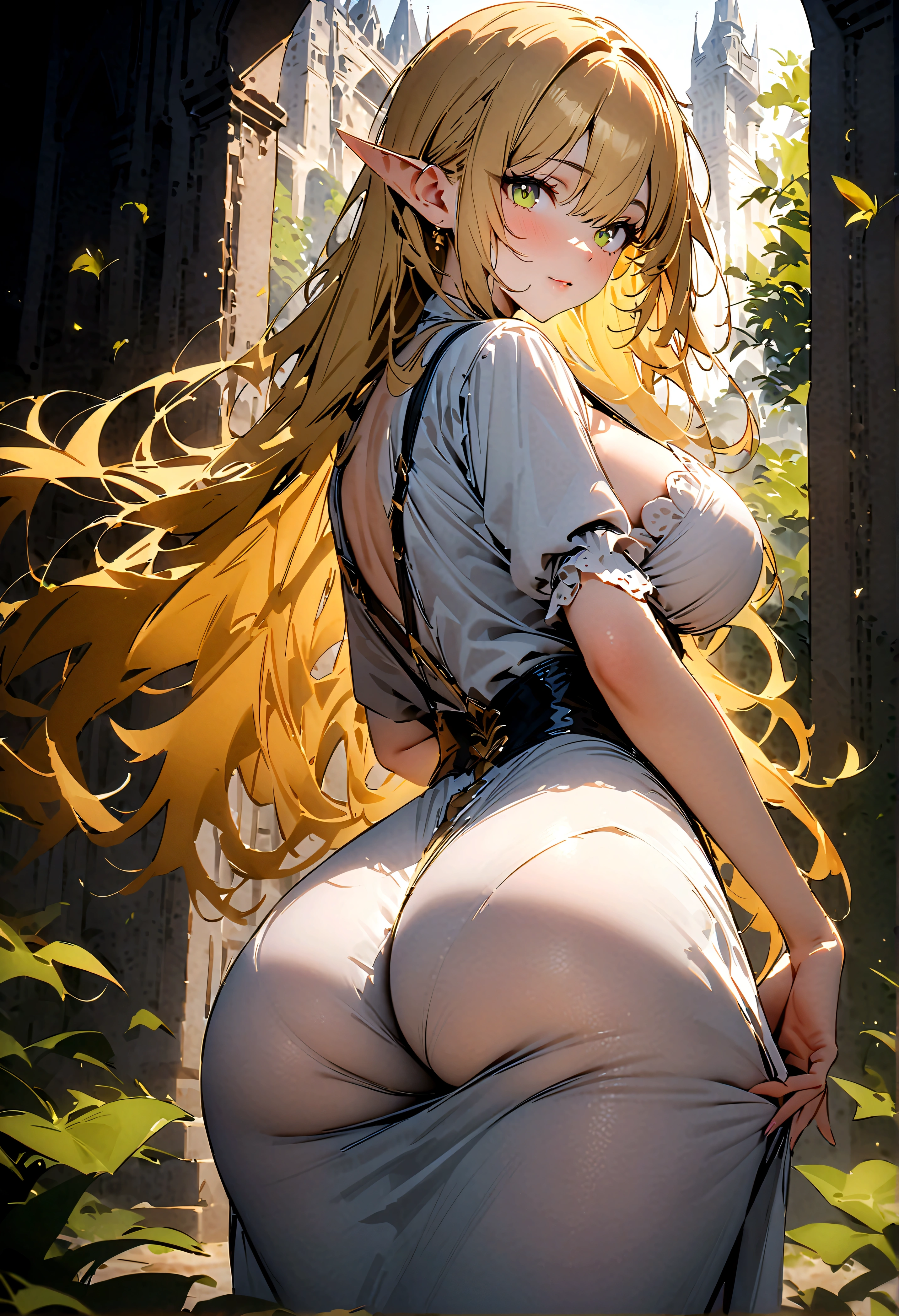 (best quality, 8K, high resolution, masterpiece:1.2), Digital Artwork, A girl, Delicate face, Exquisite eyes, (gold Hair:1.4),(, Long and straight hair, Glowing green eyes, glow lips, Suspenders, Fantasy Landscape, Vibrant colors, (medieval royal palace background), Soft Light, Whimsical atmosphere, Blooming leaves, floating long dress, (elf ears),fine details, Ethereal Background, Dreamy aura,、large breasts(1.0),Deep cleavage,white dressred dress(best quality, 8K, high resolution, masterpiece:1.2), (best quality, 8K, high resolution, masterpiece:1.2),(best quality, 8 K, high resolution, masterpiece:1.2),(best quality, 8K, high resolution, masterpiece:1.2),(best quality, 8K, high resolution, masterpiece:1.2),(best quality, 8K, high resolution, masterpiece:1.2), ( from behind: 1.3) , (wide hips) ,ass