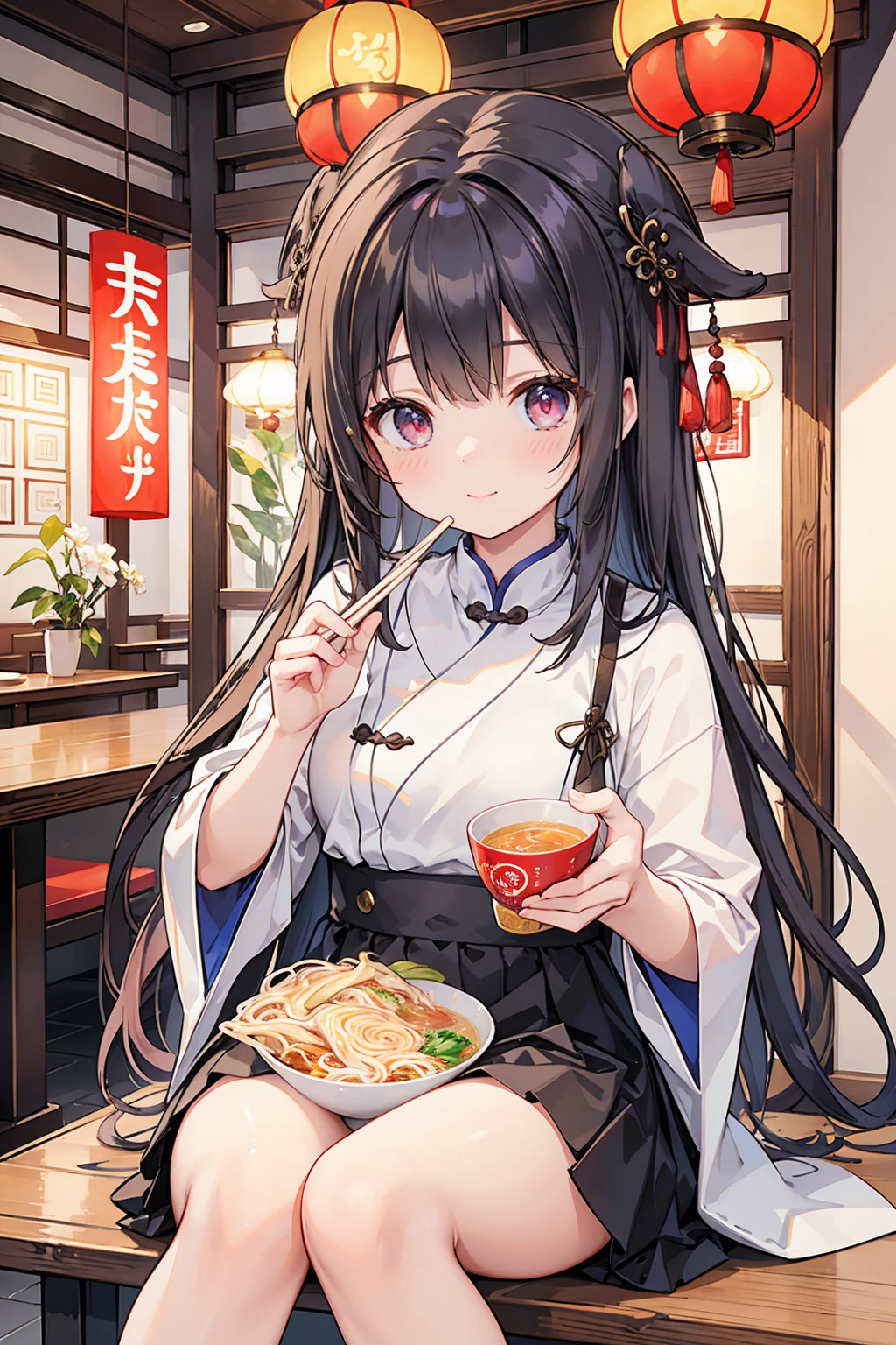 Photorealistic、Highest quality、Highest Resolution、Highest quality、８Ｋ、1人のBeautiful woman、Beautiful woman、Beautiful Woman、Cute girl、Chinese restaurant、ramen、ramenを食べる、