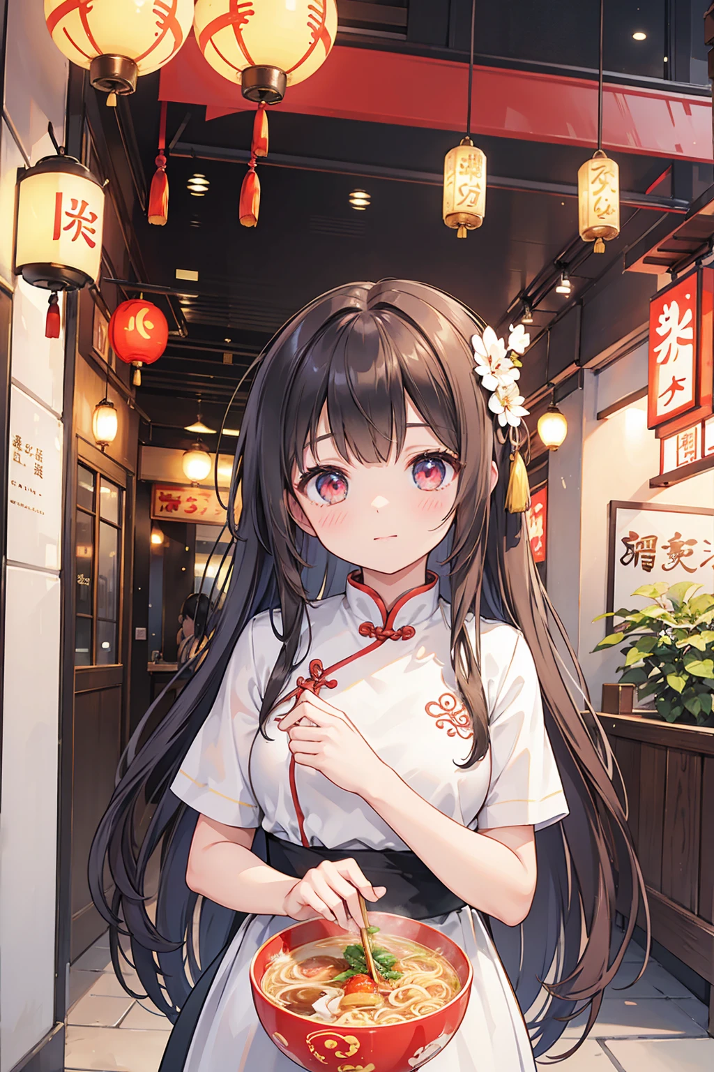 Photorealistic、Highest quality、Highest Resolution、Highest quality、8K、1人のBeautiful woman、Beautiful woman、Beautiful Woman、Cute girl、Chinese restaurant、ramen、ramenを食べる、