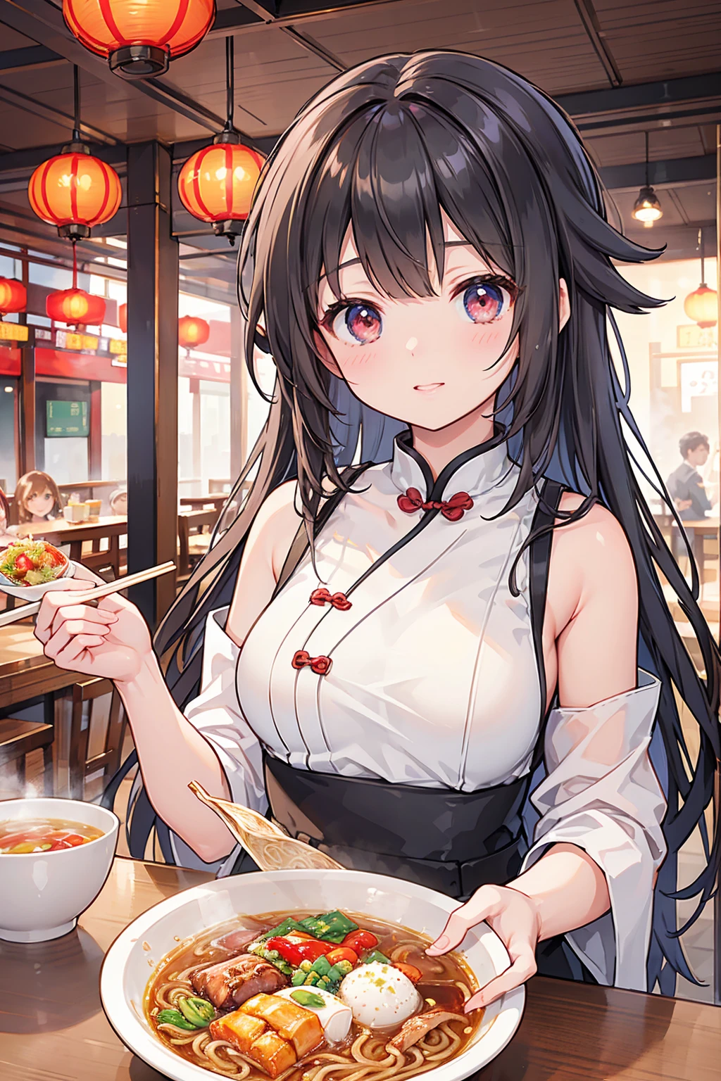 Photorealistic、Highest quality、Highest Resolution、Highest quality、8K、1人のBeautiful woman、Beautiful woman、Beautiful Woman、Cute girl、Chinese restaurant、ramen、ramenを食べる、