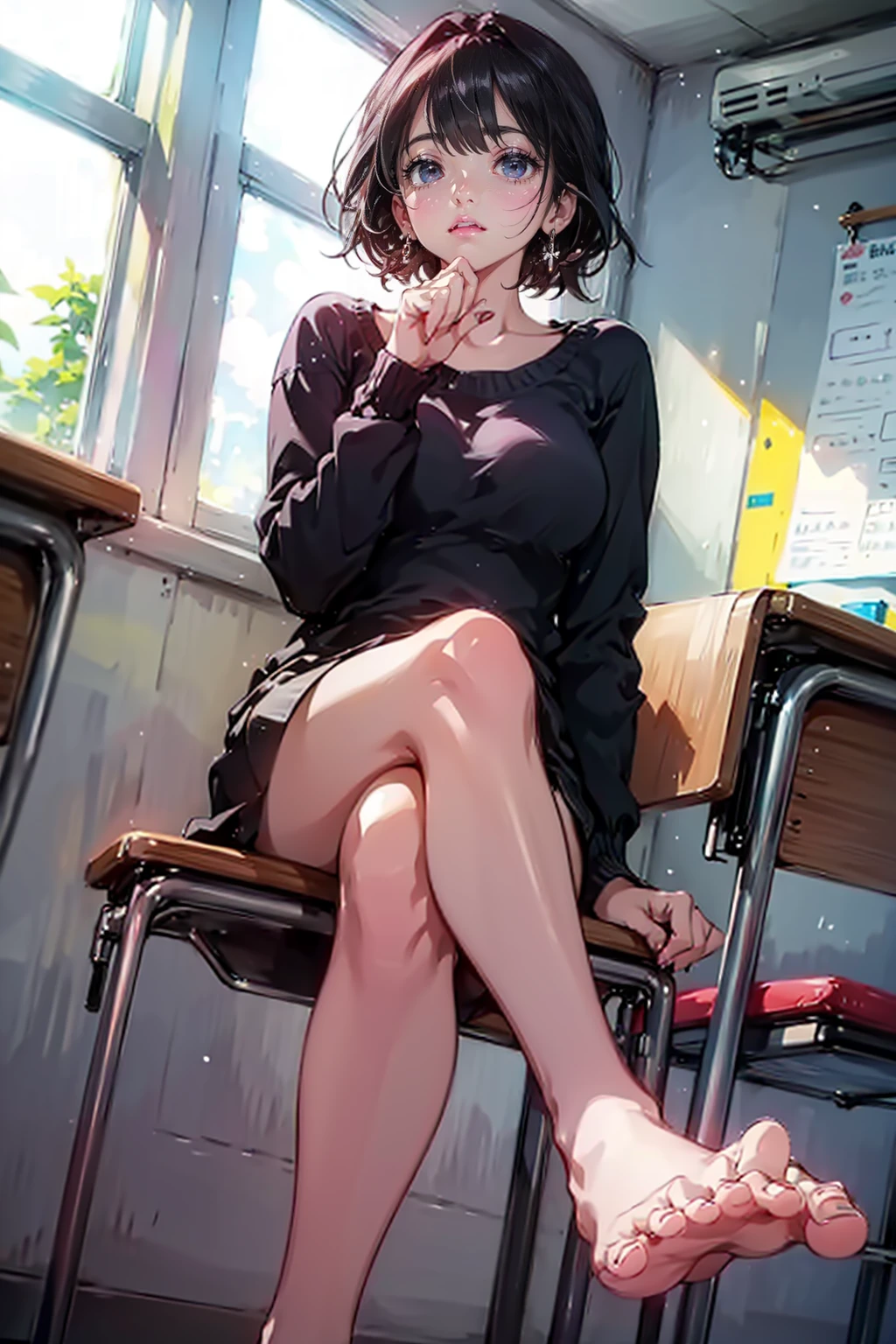 1lady,solo,blush,sitting on chair, cross leg, show feet,show sole of foot, in class room,perfect toe,five fingers