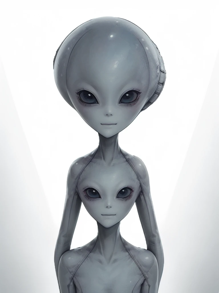 (((Masterpiece))), (high quality),(one alien girl:1.2), ,(innocent smile),(big light black eyes:1.5),5 heads,(Skinhead,Gray aliens,Large, dark, almond-shaped eyes,:1.5),(No hair, no whites, no ears:1.5),Wearing a silver body-fitting suit,Plain background,from below