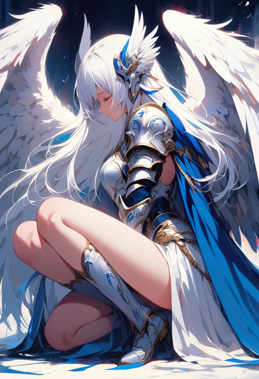 1girl angel angel_wings armor feathers_Long wing feathers_Hair Shoulder Armor Shoulder_Armor single piece_Upper wing separation_The body is white_Theme blue_Wings Wings