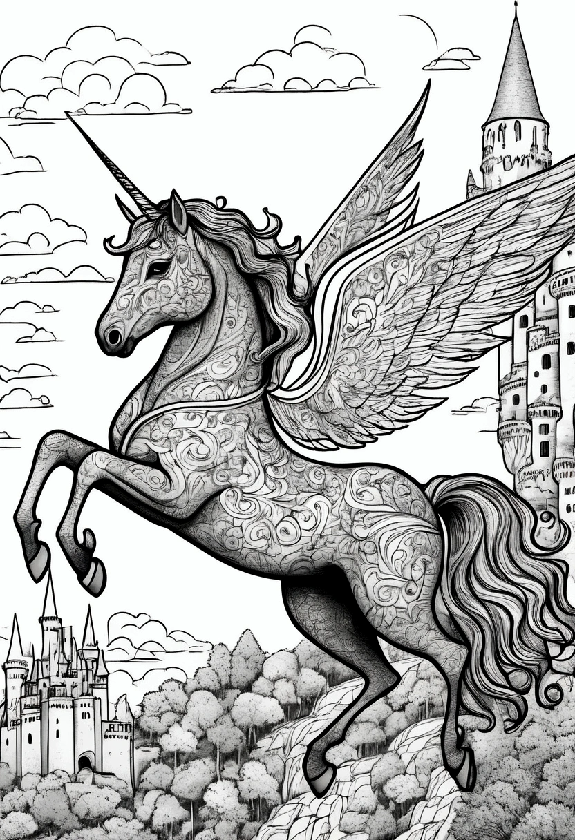 (A black and white coloring book:1.5), A unicorn with wings, soaring above a castle, simple, clean line art, white background, colouring page, clean outline