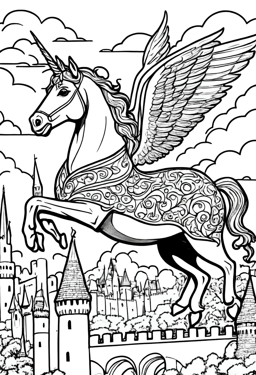 (A black and white coloring book:1.5), A unicorn with wings, soaring above a castle, simple, clean line art, white background, colouring page, clean outline