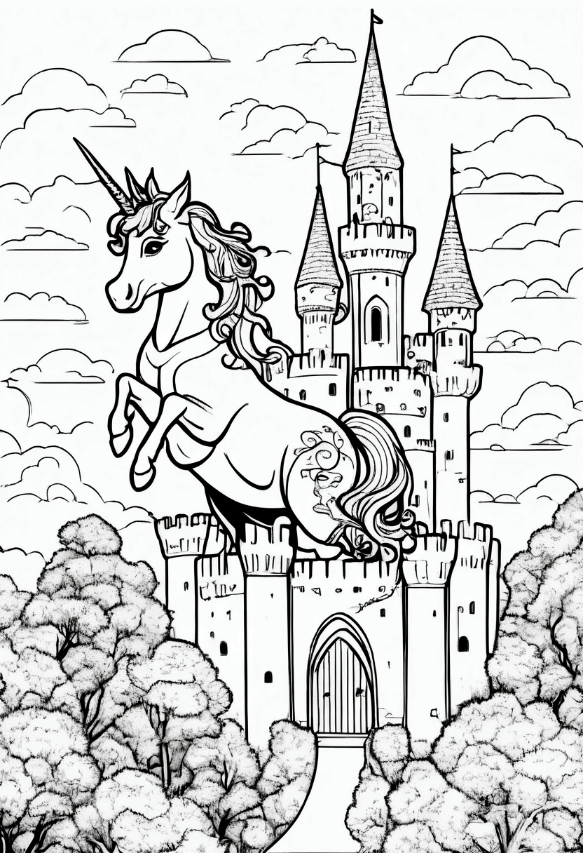 (A black and white coloring book:1.5), A unicorn with wings, soaring above a castle, simple, clean line art, white background, colouring page, clean outline