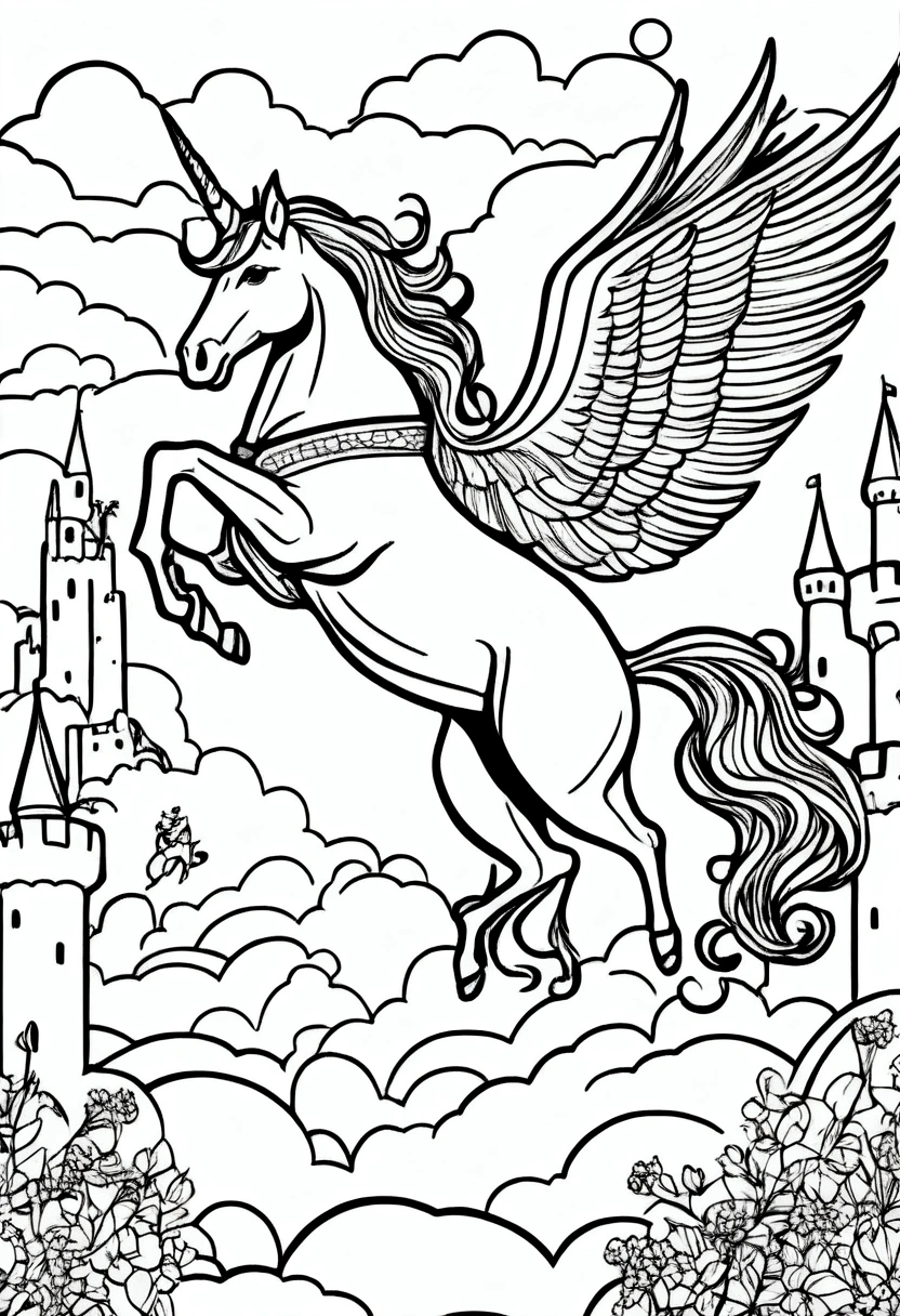 (A black and white coloring book:1.5), A unicorn with wings, soaring above a castle, simple, clean line art, white background, colouring page, clean outline