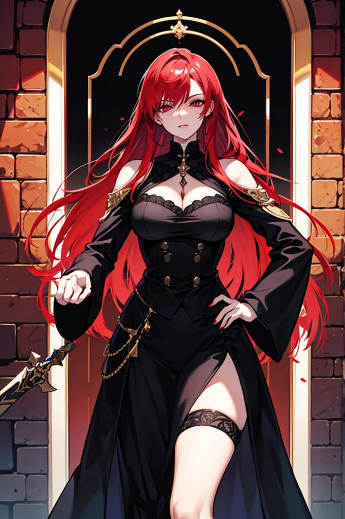 This character is a woman with an imposing and captivating appearance. She has long, flamboyant red hair that falls elegantly over her shoulders and down her back. His eyes are an intense red, adding an aura of mystery and danger. She has a pale complexion and fine facial features, with lips often drawn into a slight, enigmatic smile. She wears a sophisticated outfit, probably a dark uniform or suit, which reinforces her professional and serious appearance. His posture is straight and confident, exuding unwavering confidence.
