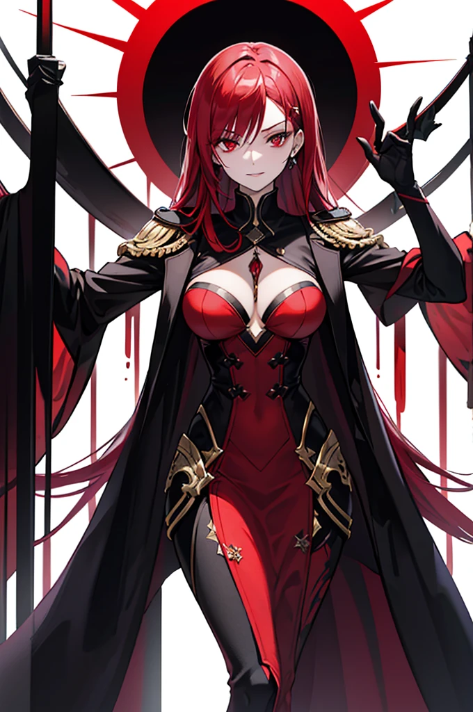 This character is a woman with an imposing and captivating appearance. She has long, flamboyant red hair that falls elegantly over her shoulders and down her back. His eyes are an intense red, adding an aura of mystery and danger. She has a pale complexion and fine facial features, with lips often drawn into a slight, enigmatic smile. She wears a sophisticated outfit, probably a dark uniform or suit, which reinforces her professional and serious appearance. His posture is straight and confident, exuding unwavering confidence.