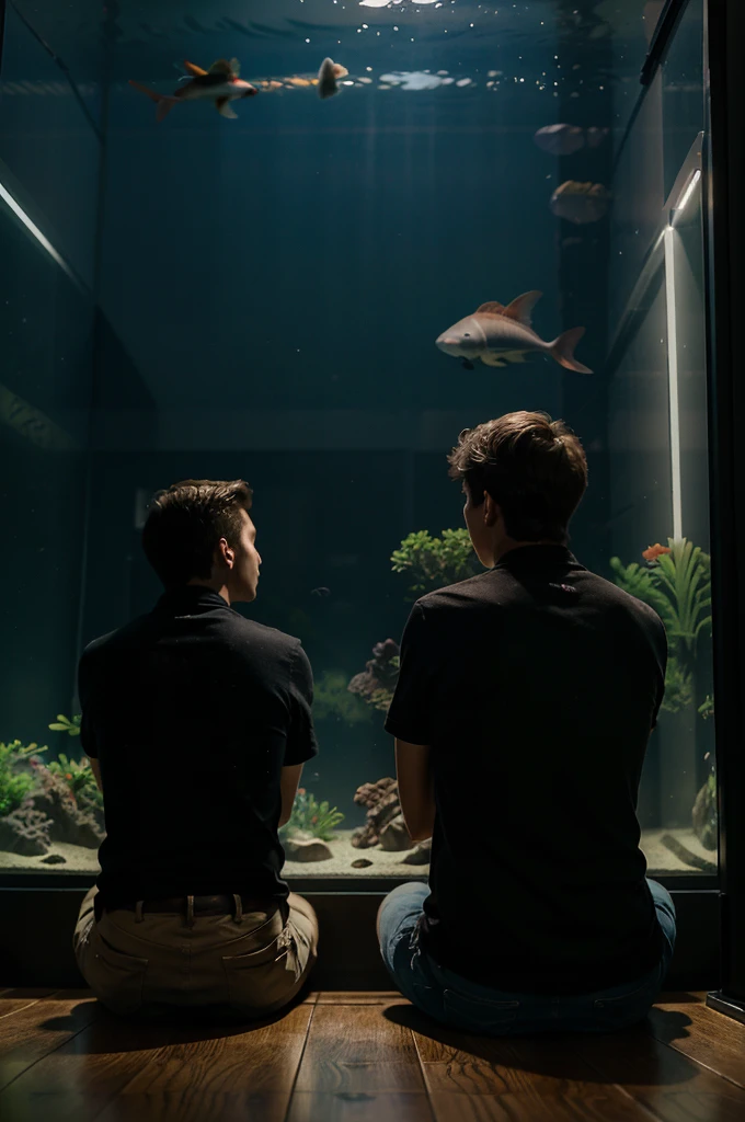 a two young man, looking at a large aquarium, sitting with their backs to the camera, in room, at night