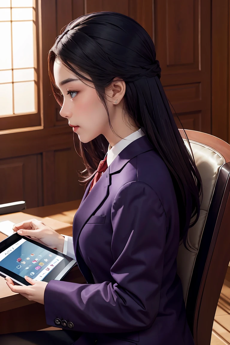 woman in a suit using a tablet computer in a room, working, sun yunjoo, still from a live action movie, park shin hye as a super villain, full device, using a magical tablet, iu lee ji-eun as a super villain, profile pose, [ realistic photo ]!!, shin min jeong, serious business, lazy, elegant look