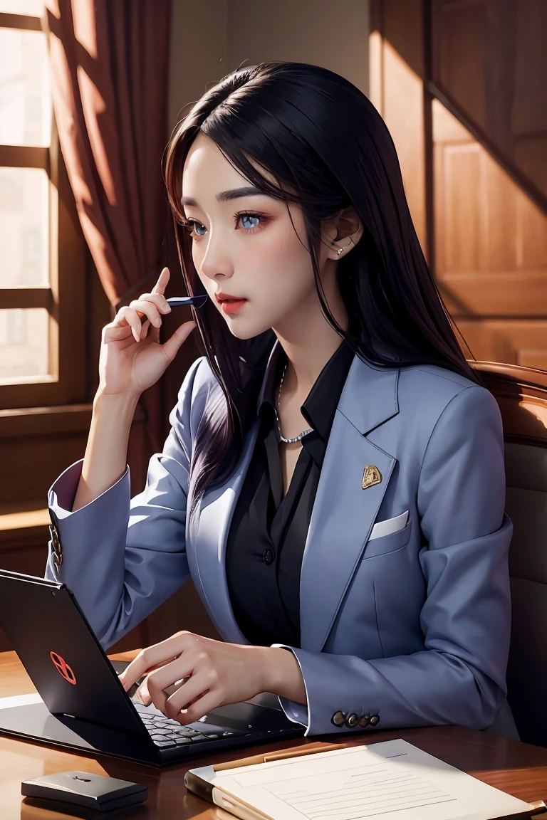 woman in a suit using a tablet computer in a room, working, sun yunjoo, still from a live action movie, park shin hye as a super villain, full device, using a magical tablet, iu lee ji-eun as a super villain, profile pose, [ realistic photo ]!!, shin min jeong, serious business, lazy, elegant look