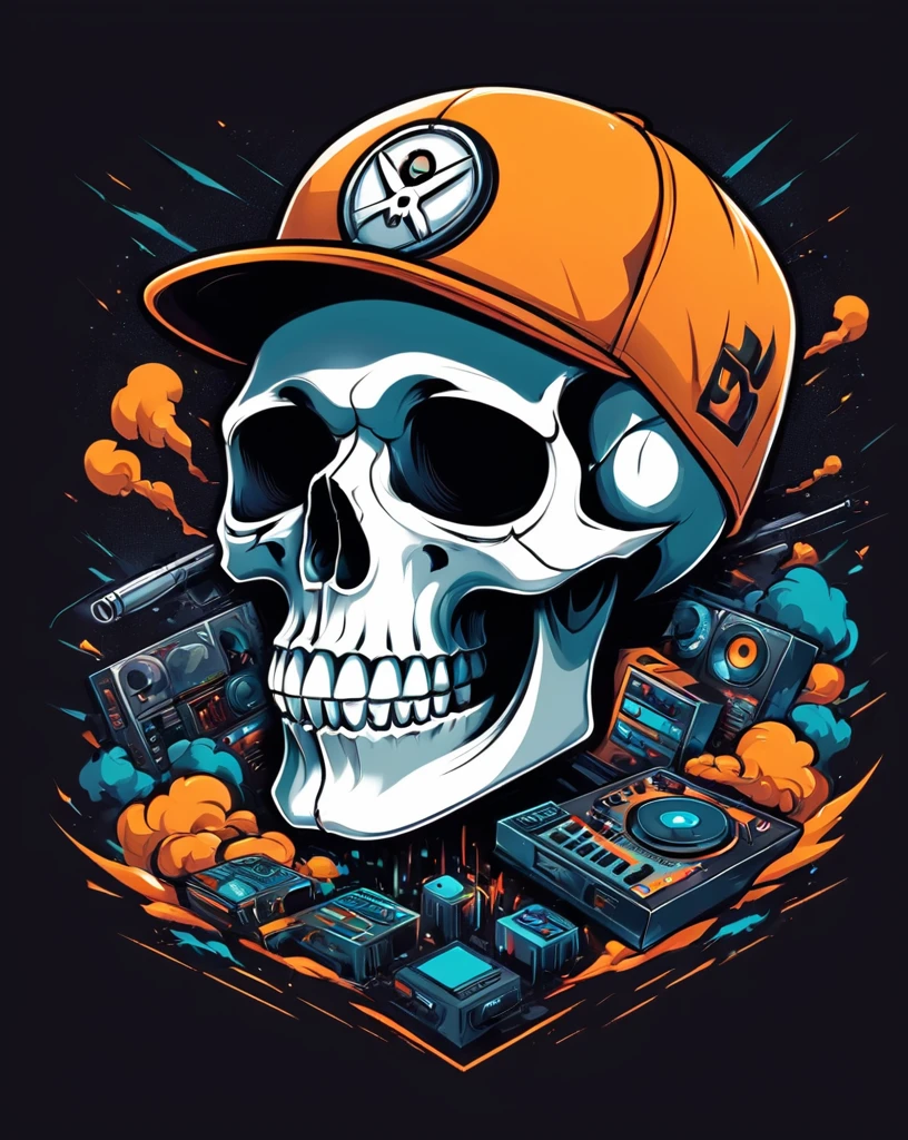 conceptual art skull head, Hip-Hop Style, t shirt design, flat-colors, vectorial art, ((black backdrop)) . digitl art, Illustrative, pictorial, mattepainting, highy detailed