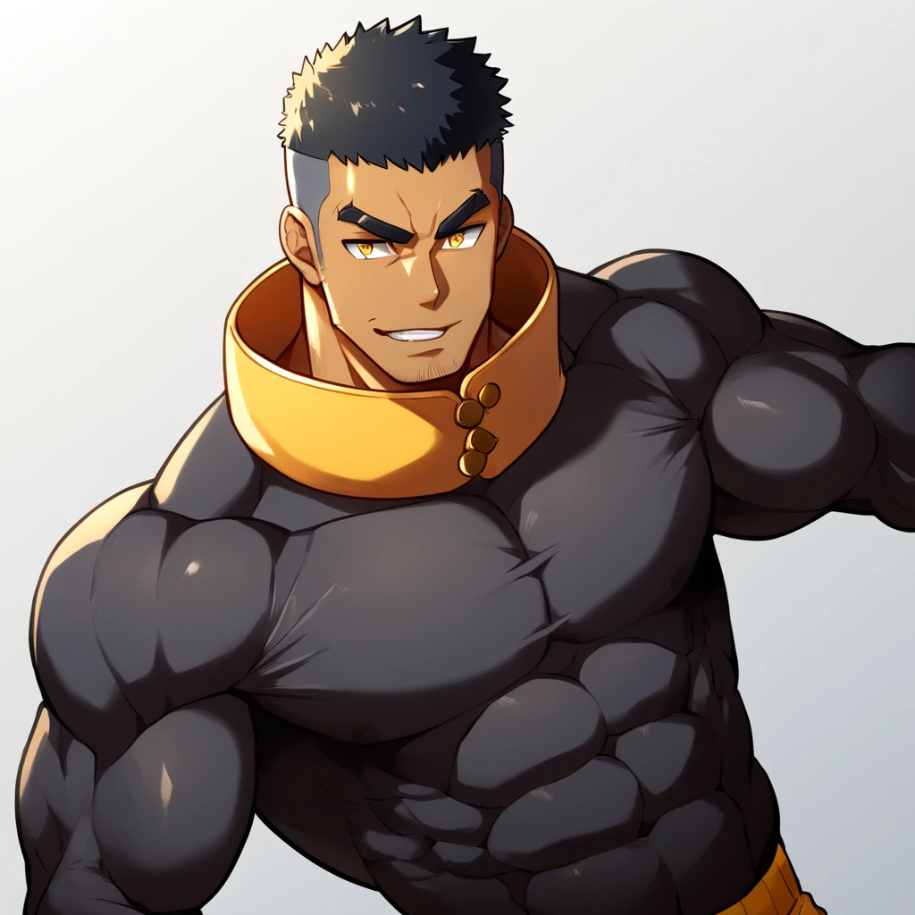 anime characters：Gyee, Muscle Sports Student, negro black skin, 1 dark skin muscular tough guy, Manliness, male focus, Light yellow high collar long sleeve tight T-shirt, Slightly transparent material, Very tight, Round, full and perky chest muscles, Slightly transparent, muscular male, muscular, only, Upper body, alone, Black short hair, Thick eyebrows, stubble, Yellow eyes, Grey background, simple background, amazing quality, best aesthetics, Ridiculous, bright pupils, crew cut, parted lips, seductive smile, torogao, naughty face, drop shadow, best quality