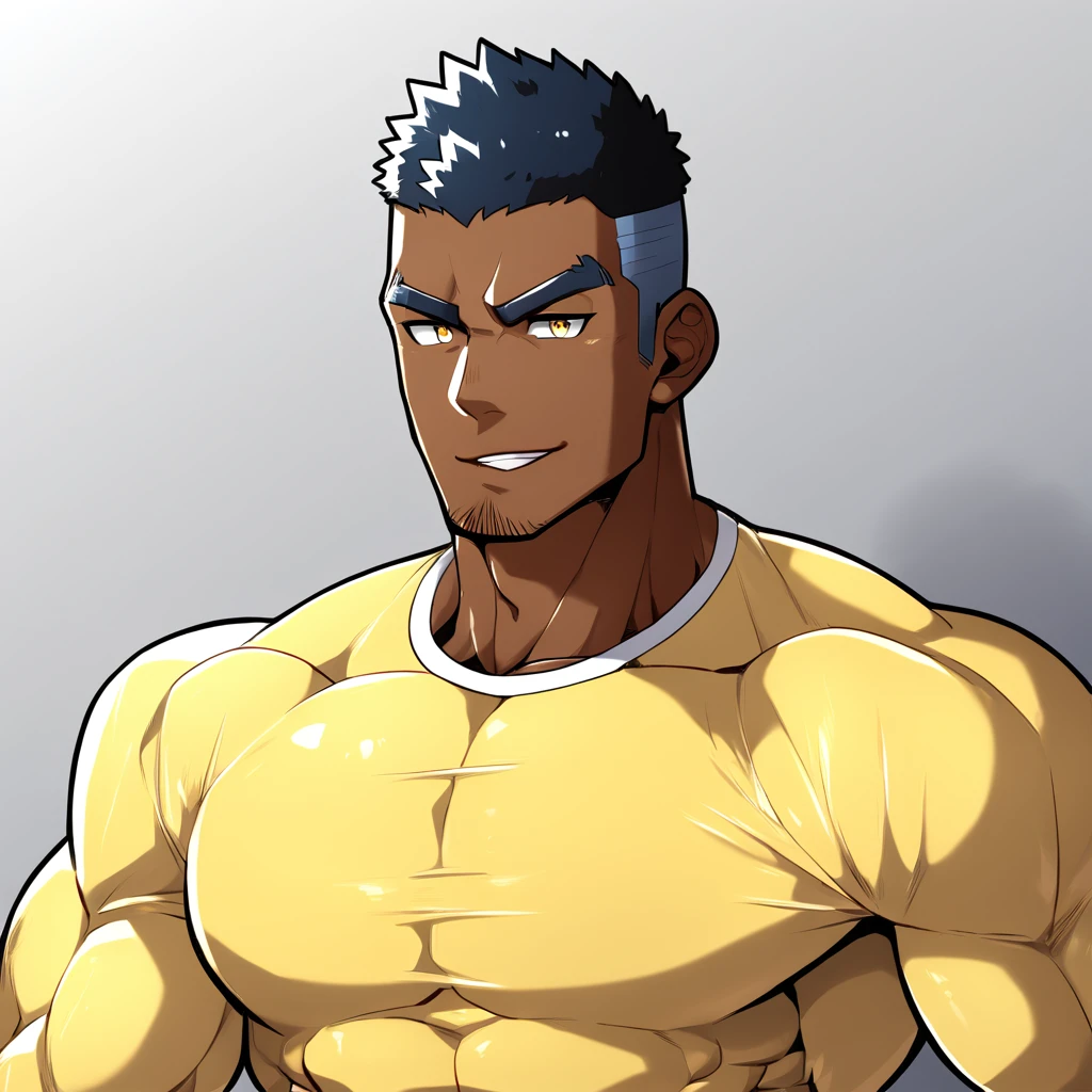 anime characters:Gyee, Muscle Sports Student, negro black skin, 1 dark skin muscular tough guy, Manliness, male focus, Light yellow high collar long sleeve tight T-shirt, Slightly transparent material, Very tight, Round, full and perky chest muscles, Slightly transparent, muscular male, muscular, only, Upper body, alone, Black short hair, Thick eyebrows, stubble, Yellow eyes, Grey background, simple background, amazing quality, best aesthetics, Ridiculous, bright pupils, crew cut, parted lips, seductive smile, torogao, naughty face, drop shadow, best quality