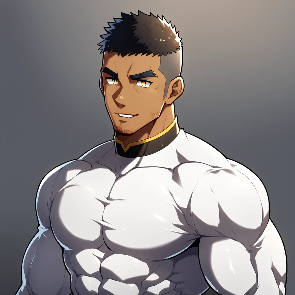 anime characters:Gyee, Muscle Sports Student, ????? black skin, 1 dark skin muscular tough guy, Manliness, male focus, Light yellow high collar long sleeve tight T-shirt, Slightly transparent material, Very tight, Round, full and perky chest muscles, Slightly transparent, muscular male, muscular, only, Upper body, alone, Black short hair, Thick eyebrows, stubble, Yellow eyes, Grey background, simple background, amazing quality, best aesthetics, Ridiculous, bright pupils, crew cut, parted lips, seductive smile, torogao, naughty face, drop shadow, best quality