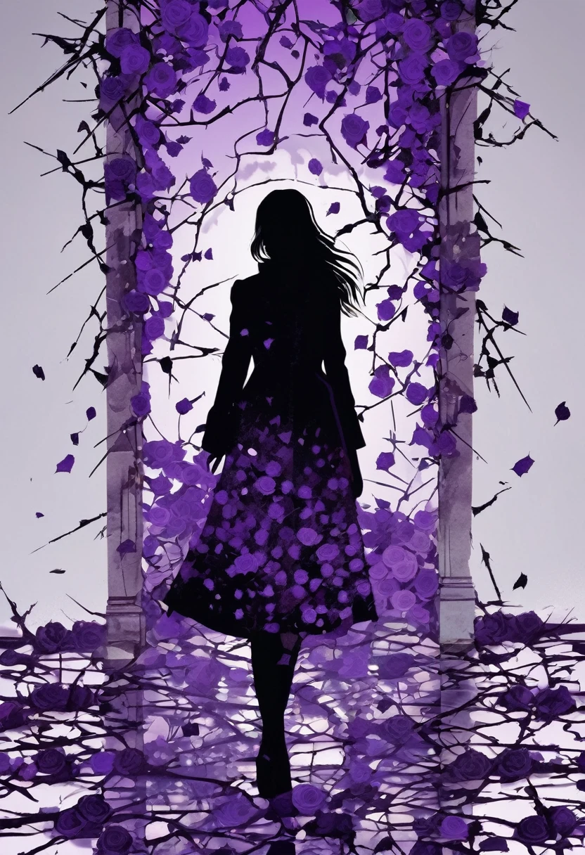 black silhouette of a woman walking on thorns and broken glass and purple roses, covered in wounds, symbolizing wounds, depression and trauma, manga style, digital art, by Marshall Arisman, cover illustration, 70mm, 7 0 mm, 70 mm, book cover illustration, by Brigette Barrager, album cover, novel cover art for a book, art concept for a book cover, cover art, 7 feet tall,
