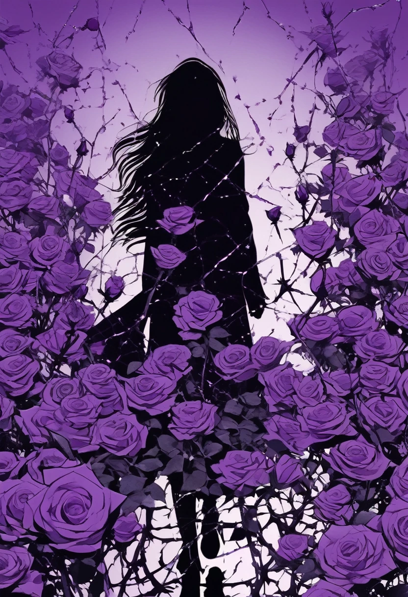 black silhouette of a woman walking on thorns and broken glass and purple roses, covered in wounds, symbolizing wounds, depression and trauma, manga style, digital art, by Marshall Arisman, cover illustration, 70mm, 7 0 mm, 70 mm, book cover illustration, by Brigette Barrager, album cover, novel cover art for a book, art concept for a book cover, cover art, 7 feet tall,