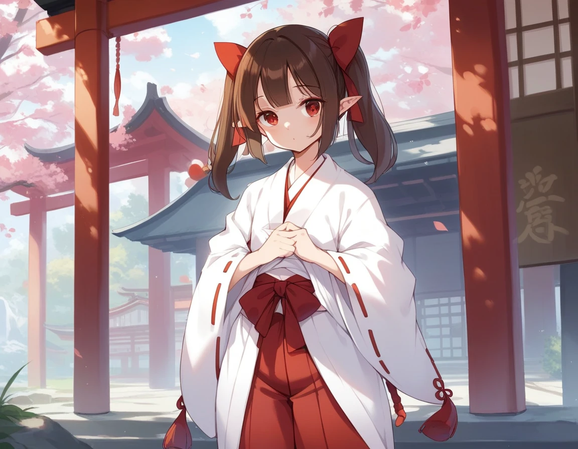 BREAK Perfect Anatomy、(High resolution:1.2)、Incredible illustrations、(Cute illustrations:1.2)、()
(cinematic angle,solo focus,) (Beautiful background(Shrine grounds),
1girl(brown hair,twin tails) a girl,elf 1.7meters, 45kg,flat chest,
(Shrine maiden costume (white coat, scarlet hakama, tabi))
