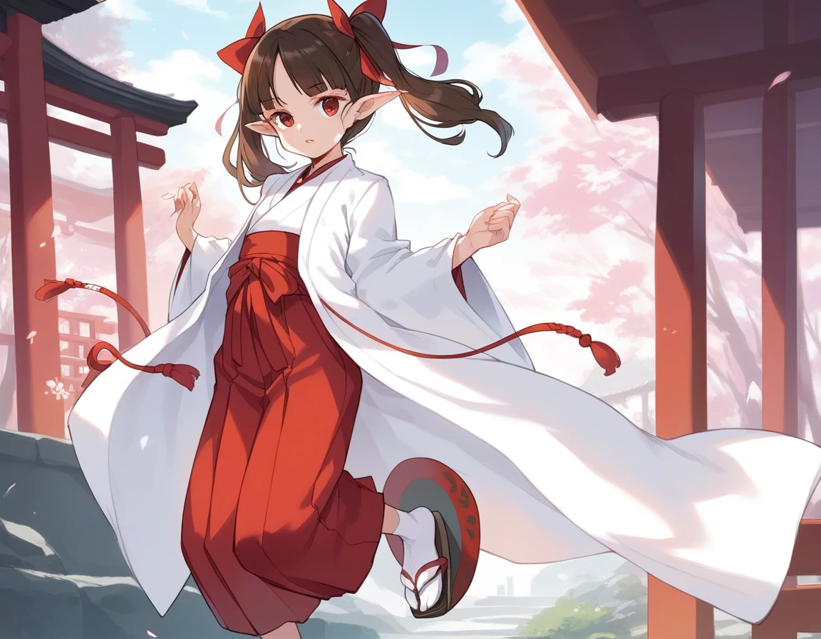 BREAK Perfect Anatomy、(High resolution:1.2)、Incredible illustrations、(Cute illustrations:1.2)、()
(cinematic angle,solo focus,) (Beautiful background(Shrine grounds),
1girl(brown hair,twin tails) a girl,elf 1.7meters, 45kg,flat chest,
(Shrine maiden costume (white coat, scarlet hakama, tabi))
