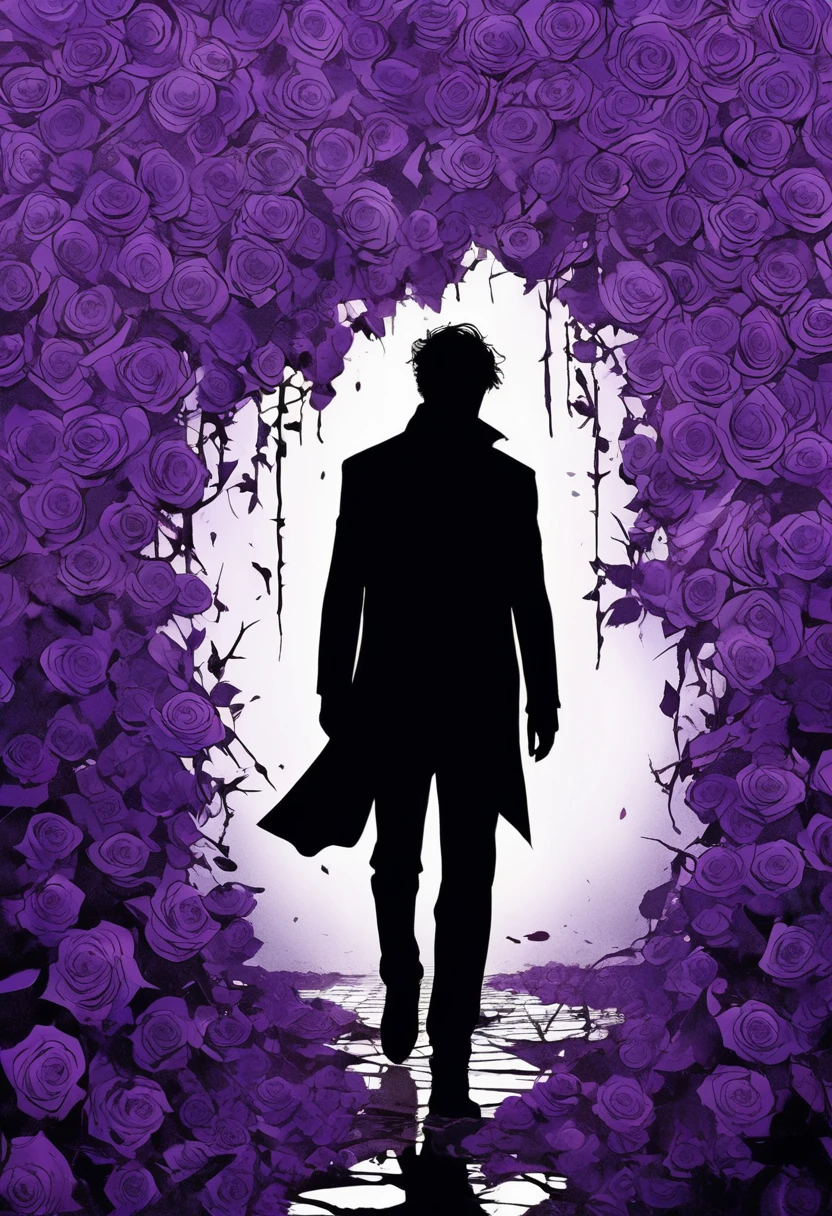 black silhouette of a man walking on thorns and broken glass and purple roses, covered in wounds, symbolizing wounds, depression and trauma, manga style, digital art, by Marshall Arisman, cover illustration, 70mm, 7 0 mm, 70 mm, book cover illustration, by Brigette Barrager, album cover, novel cover art for a book, art concept for a book cover, cover art, 7 feet tall,