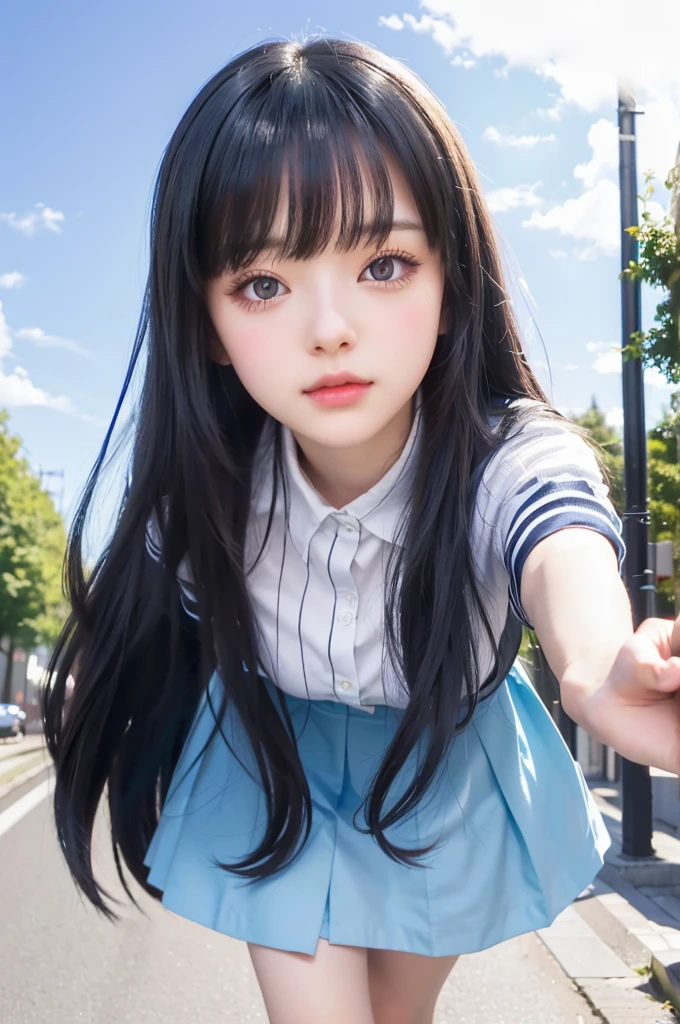 cute girl with long black hair and blue eyes walking down a street, beautiful moe artstyle, realistic tisvisual of a cute girl, nagatoro,8k