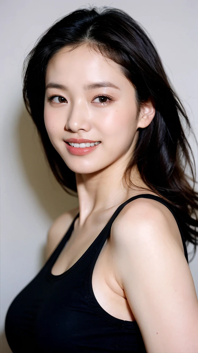 ((Highest quality、8K、masterpiece:1.3))、Realistic, Sharp focus, High resolution, High resolution,Portraiture, One person、Japanese、woman, beautiful woman, (((Black tank top)))、30 years old, Attractive person, Medium Long Hair,smile