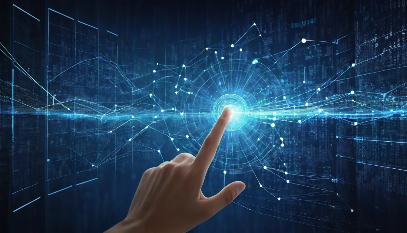 Hand touching a spinning data flow, data flow processing visualization background