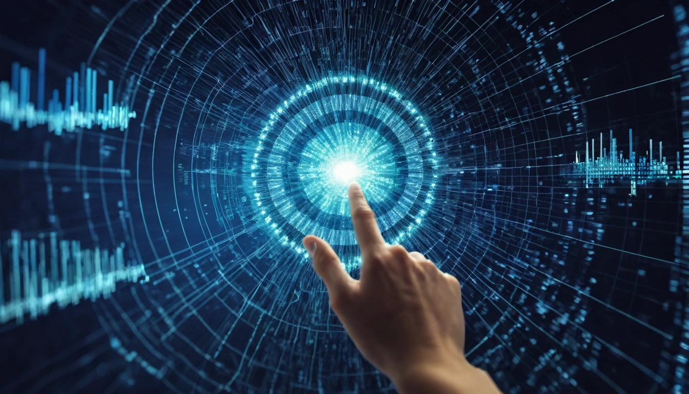 Hand touching a spinning data flow, data flow processing visualization background