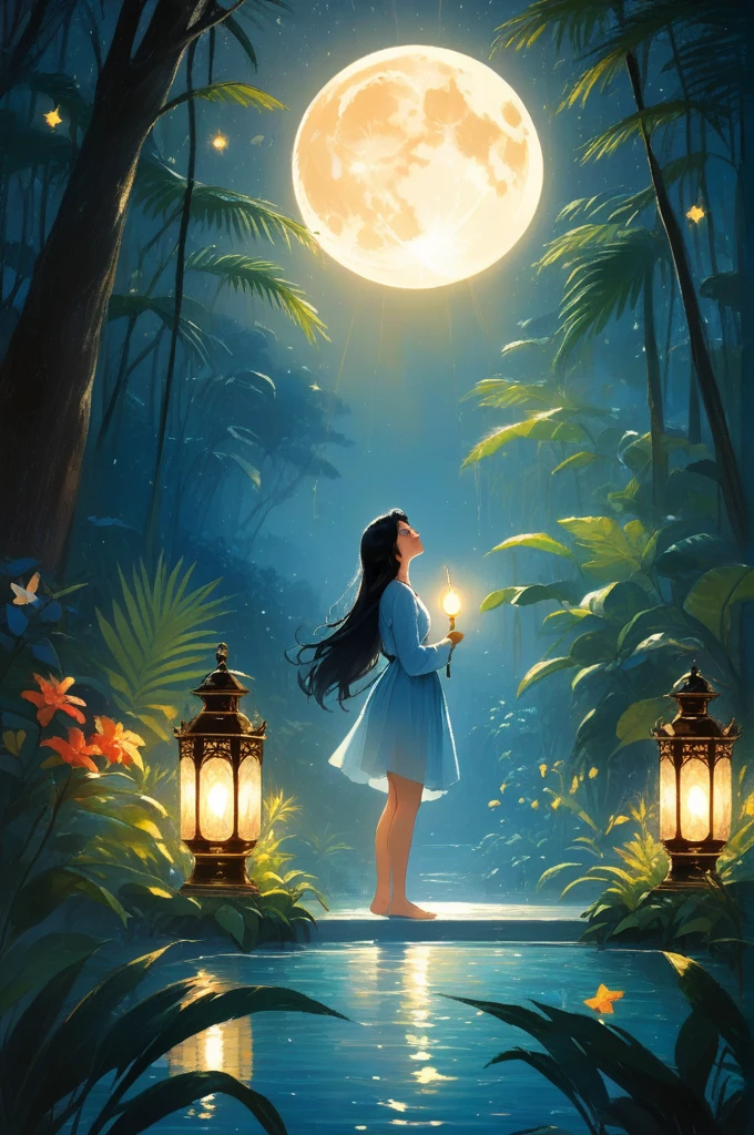 Create a vibrant and lush tropical rainforest scene, filled with diverse flora and fauna. There should be a hidden waterfall cascading into a crystal-clear pool, surrounded by vibrant, exotic flowers and playful monkeys swinging from the trees. The sun filters through the dense canopy, creating a magical, dappled light effect, splash, full body, detailed oil painting by Marc Todd, lady close up, fantasy garden, leaves, raindrops on leaves, night moon, moonlight, stars, mystical, highly detailed, intricate, intricate pose, oil painting, thick strokes , soft impressionism, mannerism, vibrant colors, masterpiece, high quality, beautiful young caucasian girl, illuminated face, long black hair,lamp and lantern, old clock, full moon, moonlight behind a female silhouette, fantasy, well-detailed perfect composition,art by Vladimir Volegov, Virgin,digital art, Jean-Baptiste Monge style, bright, beautiful , splash, Glittering , cute and adorable, filigree, , rim lighting, lights, extremely , magic, surreal, fantasy, digital art, , wlop, artgerm and james jean,
