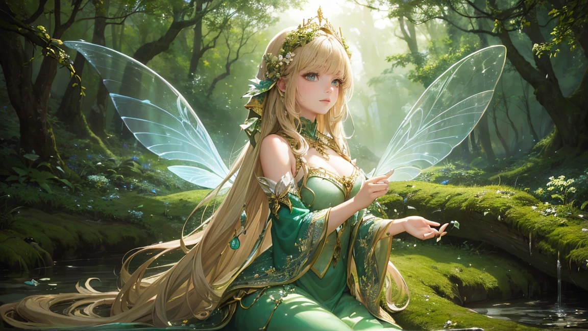 ( Absurd, high quality, Super detailed, masterpiece, Concept Art, Smooth, Highly detailed artwork, Hyperrealistic painting ) ,A close-up of a beautiful fairy sitting on a moss-covered log in an enchanting forest. She has long, flowing blonde hair adorned with white flowers, and delicate green wings that shimmer in the sunlight. She is wearing an elegant green dress that complements her ethereal appearance. The background is a softly lit forest with dappled sunlight filtering through the trees, creating a magical and serene atmosphere. The focus is primarily on the fairy, capturing her serene expression and intricate details of her attire and wings, with the forest providing a subtle and harmonious backdrop.