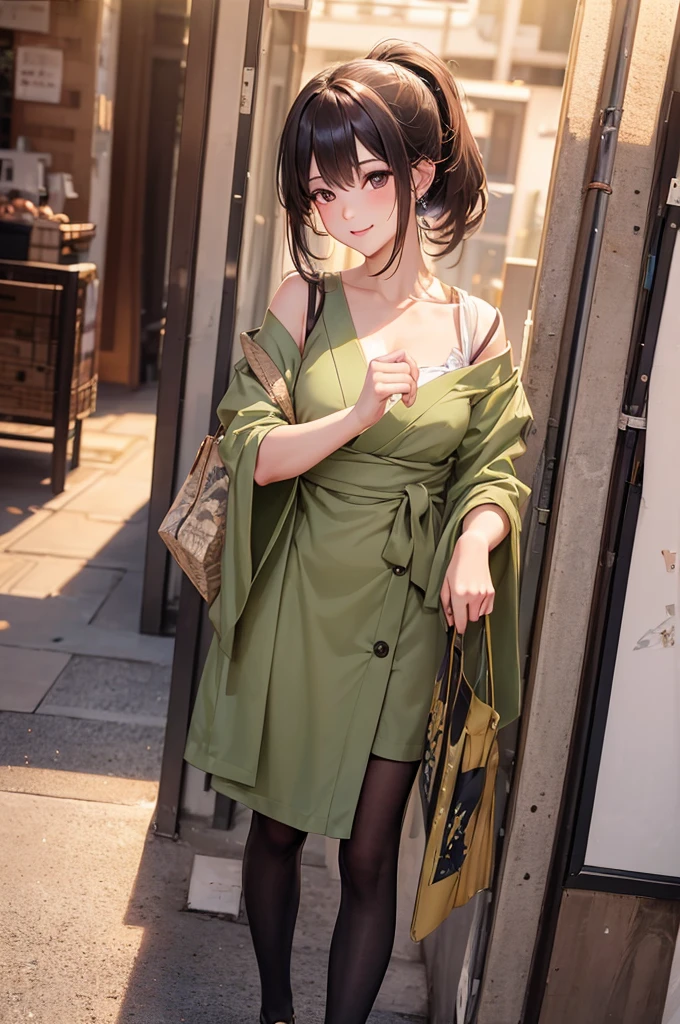 (Best Quality,High resolution,8K,finelity detailed background,Masterpiece:1.2),beautiful girl,Shiny khaki hair,pony tail,Khaki Eyes,Gentle look,A refreshing look,Best quality,Best Quality,Aesthetic and aesthetic:1.2,Best details((Super detailed))(High-definition CG illustrations),cute浴衣,Slender body,sunset,Japanese Festivals,fan,street vendors,smile,blush,cute,Scrounge,Looking up,Being spoiled,super model