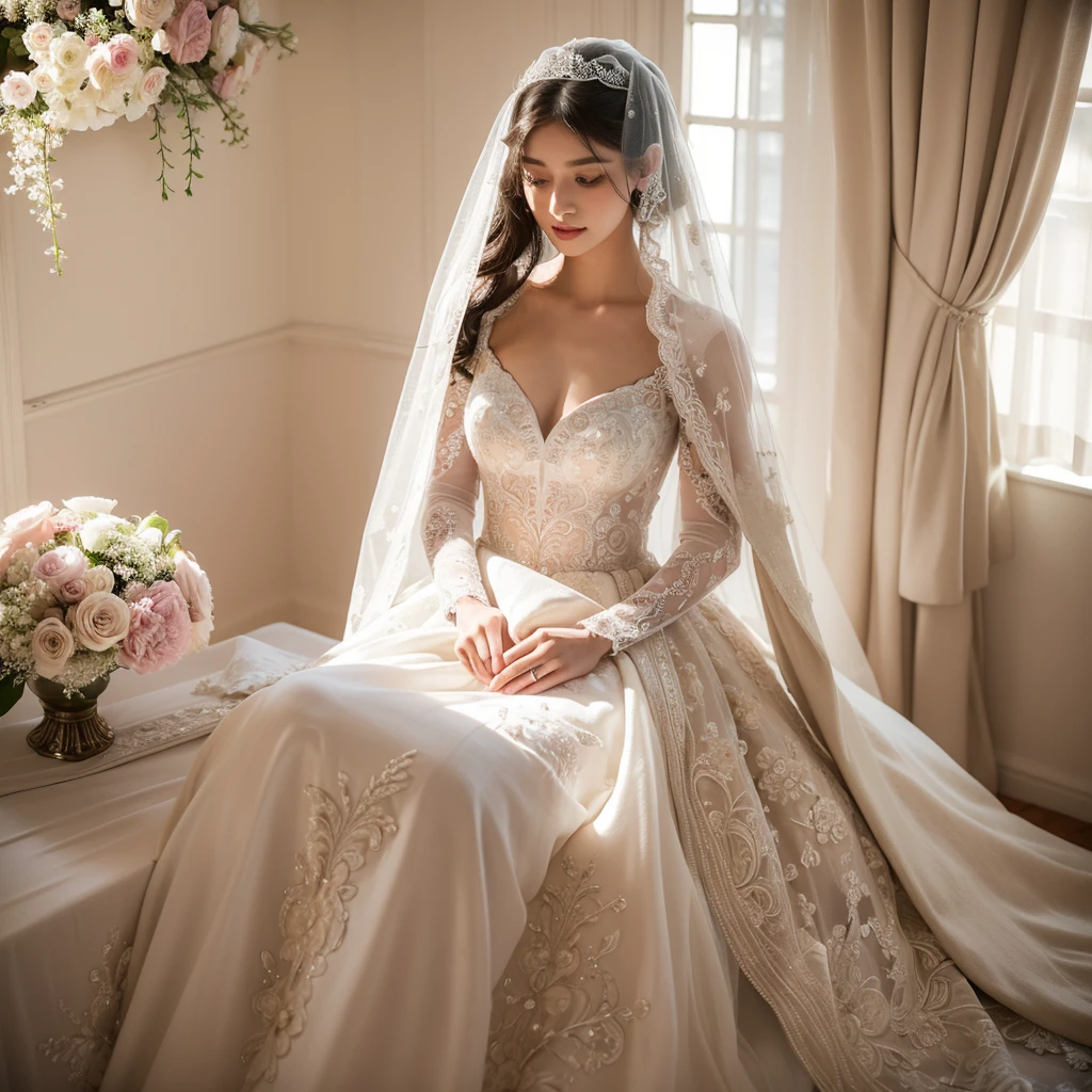 1girl,wedding dress,veil,intricate embroidered details,sitting on aisle,flowers background,beautiful detailed eyes,beautiful detailed lips,extremely detailed eyes and face,long eyelashes,cinematic lighting,highly detailed,photorealistic,8k,masterpiece,ultra-detailed,lifelike,dramatic lighting,natural lighting,warm colors,soft colors,romantic,elegant