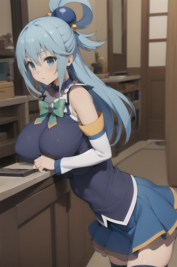 aaaqua, long hair, blue hair, hair rings, hair ornament, choker, bare shoulders, green bow, blue shirt, detached sleeves, blue skirt, thighhighs,indoor,big breasts