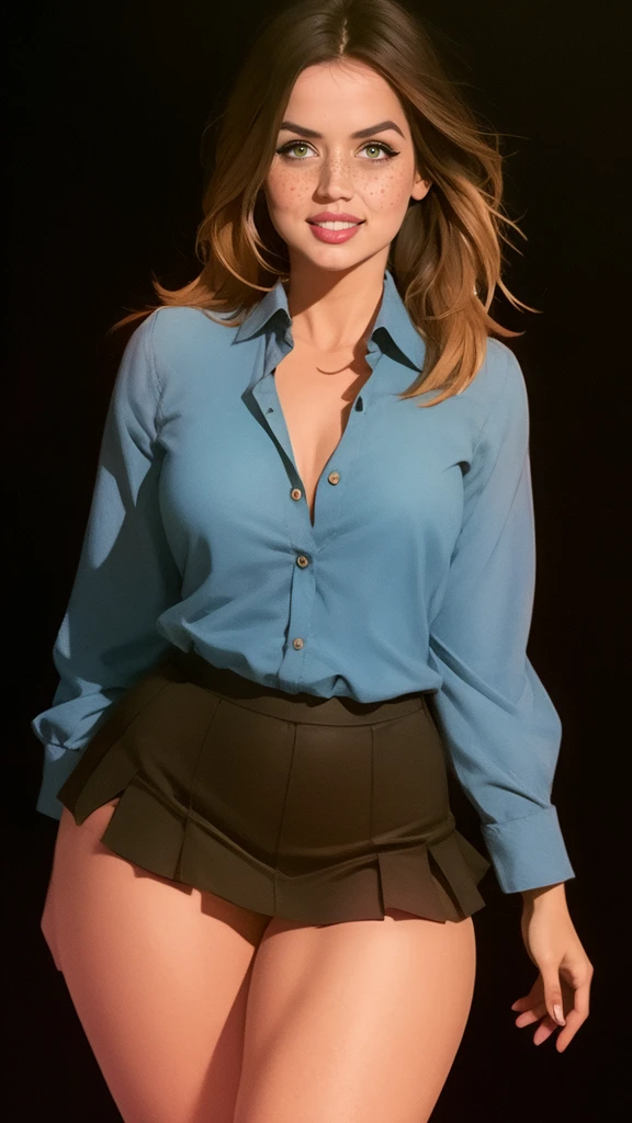 A sexy woman 19 years old , piercing blue eyes smiling, collared shirt, sleeves rolled up, pleated skirt, necktie, loafers, long thick jet black  hair partially curled, thick thighs, skin texture, dramatic shadows and lighting, digital painting, illustration, (masterpiece, best quality:1.2), high details, UHD, (black background:1.5), cinematic film style, film grain, vignette
