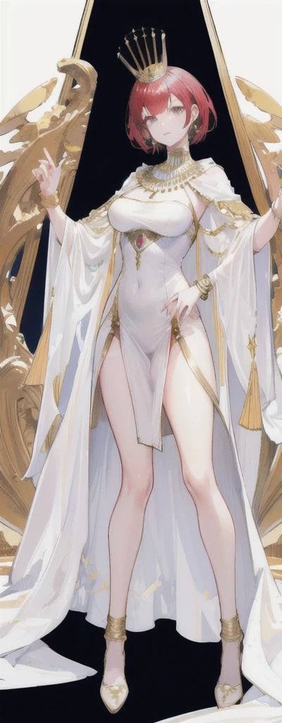 a beautiful long red-haired girl wearing an elaborate egyptian queen's costume, sexy white egyptian dress with colored striped fabric hem, beautiful slim thighs, full body view, short hair, pinky eyes, in the style of an egyptian golden cat, white background, photorealistic, 8k, high quality, detailed, vivid colors, dramatic lighting, Wearing high gold shoes, cute face is obvious, (blank white background with no other objects) Slim body, Standing straight pose, both free hand poses, The Egyptian queen's dress is perfect (a perfect long soft white shawl) with gold bracelets, Wearing a white and gold robe
