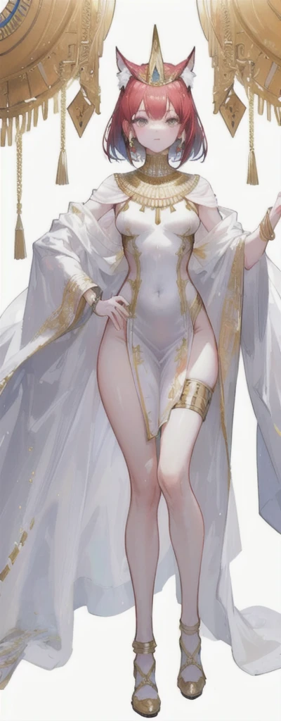 a beautiful long red-haired girl wearing an elaborate egyptian queen's costume, sexy white egyptian dress with colored striped fabric hem, beautiful slim thighs, full body view, short hair, pinky eyes, in the style of an egyptian golden cat, white background, photorealistic, 8k, high quality, detailed, vivid colors, dramatic lighting, Wearing high gold shoes, cute face is obvious, (blank white background with no other objects) Slim body, Standing straight pose, both free hand poses, The Egyptian queen's dress is perfect (a perfect long soft white shawl) with gold bracelets, Wearing a white and gold robe