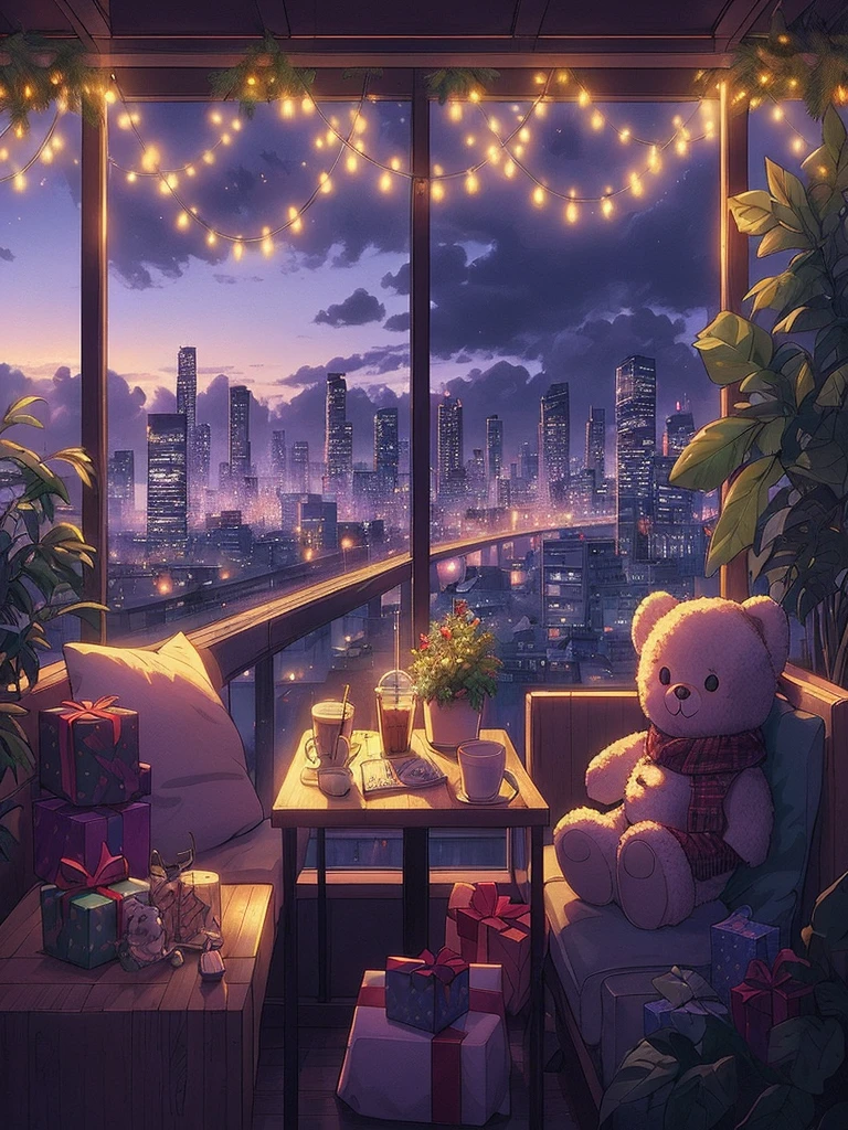 Draw an anime lofi scene of cafe with christmas decorations, a girl. plants, fairylights, giftpacks, city visible from window, ambient evening light, cloudy sky, beautiful color palette