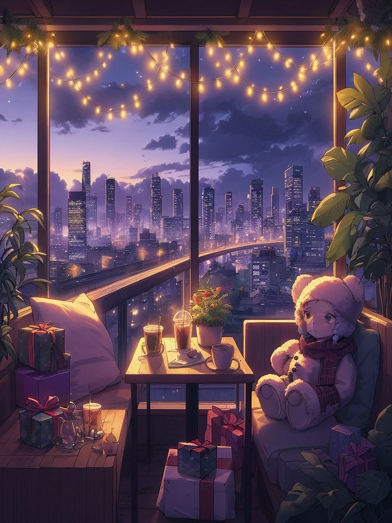 Draw an anime lofi scene of cafe with christmas decorations, a girl. plants, fairylights, giftpacks, city visible from window, ambient evening light, cloudy sky, beautiful color palette