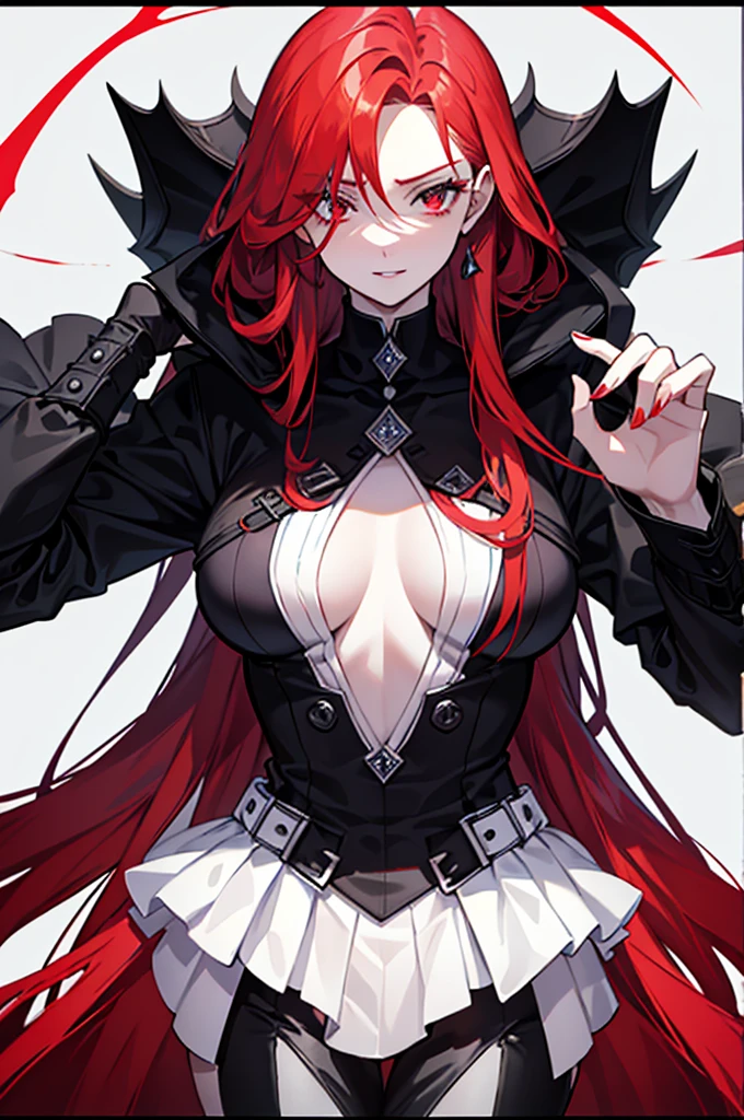 This character is a woman with an imposing and captivating appearance. She has long, flamboyant red hair that falls elegantly over her shoulders and down her back. His eyes are an intense red, adding an aura of mystery and danger. She has a pale complexion and fine facial features, with lips often drawn into a slight, enigmatic smile. She wears a sophisticated outfit, probably a dark uniform or suit, which reinforces her professional and serious appearance. His posture is straight and confident, exuding unwavering confidence.