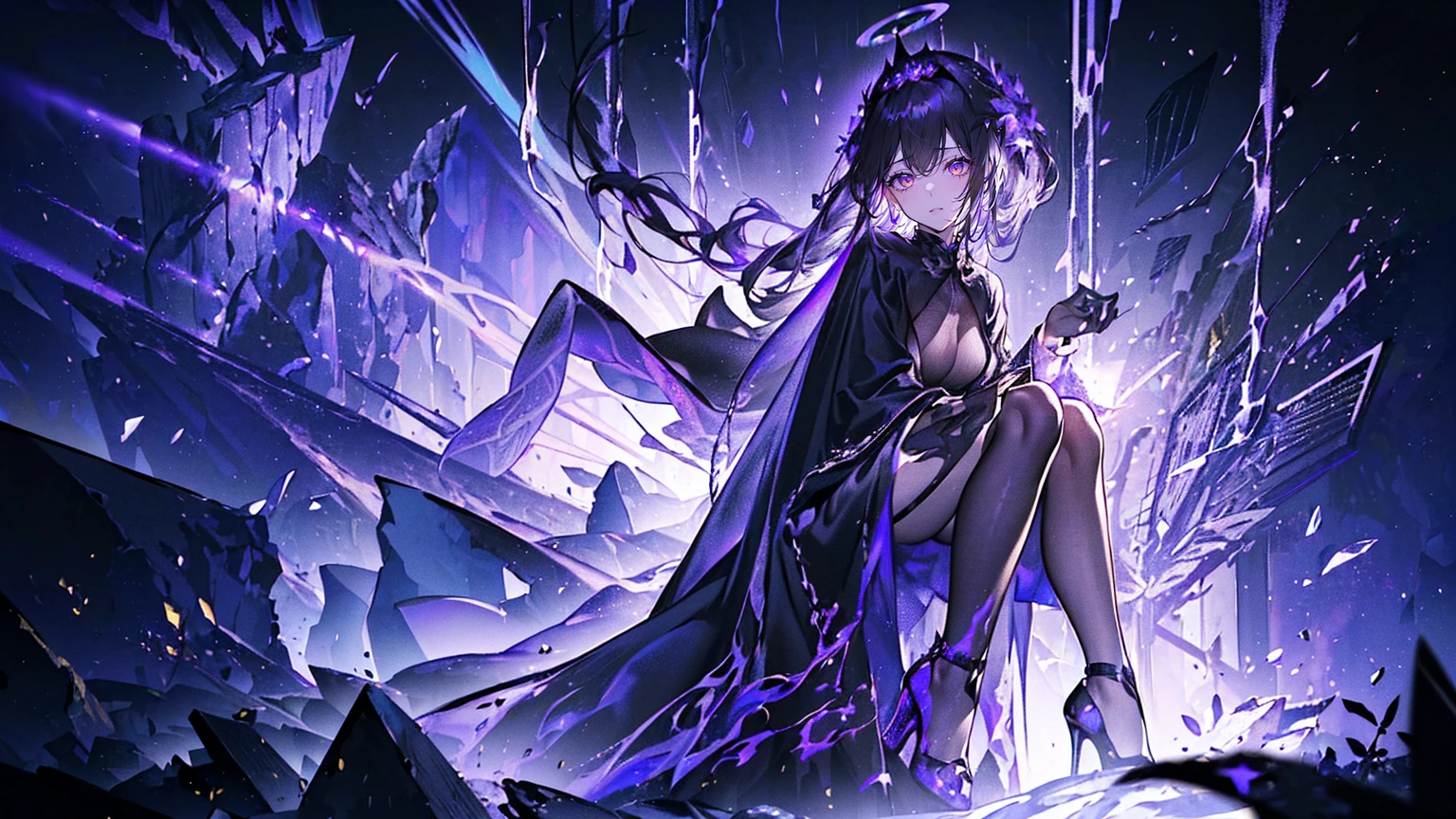 (Super detailed)),((illustration)),((masterpiece)),(((need))),((fine、Highest quality CG Unity 8K wallpapers,masterpiece),((4K,masterpiece,best quality)),Black hair queen,Sexy,Golden Eyes,Confined in a coffin,Mature,Hair tied on both sides,Black and gold gauze robe,Gorgeous black cape,Black veil,Purple-white halo,Black and purple high heels,Wearing a crown on the head,pyramid,Emitting dim purple light,under deep sea,under deep sea的废墟,under deep sea排满棺材,Mysterious symbols