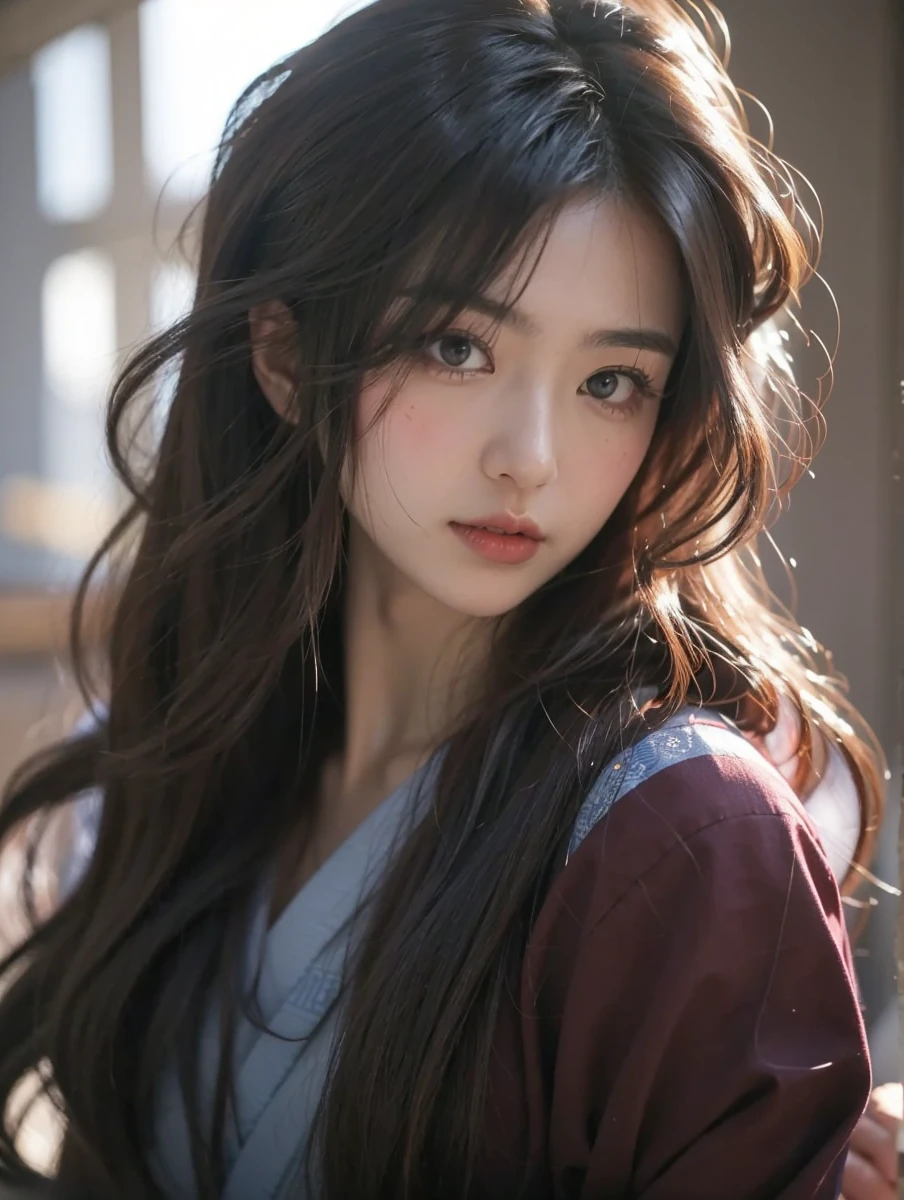 Beautiful Japanese waifu, early 30s, brunette hair, close up, red yukata