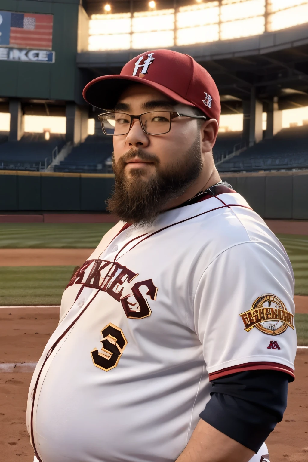 １male, solo, (yossan), Ultra-high resolution,beard, Glasses, ((Are fat)), baseball player, (baseball field), Batter Box, Bat, uniform, bat, Baseball cap, Audience seats, Stadium, sunlight, dynamic, Power, support, illumination, colorful, Heat, 