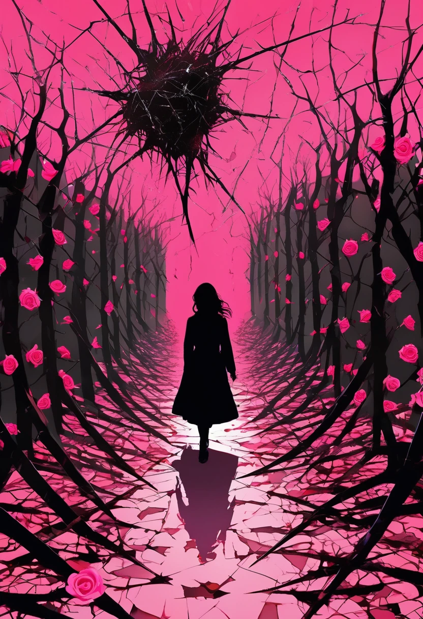 black silhouette of a woman walking on thorns and broken glass and pink roses, covered in wounds, symbolizing wounds, depression and trauma, manga style, digital art, by Marshall Arisman, cover illustration, 70mm, 7 0 mm, 70 mm, book cover illustration, by Brigette Barrager, album cover, novel cover art for a book, art concept for a book cover, cover art, 7 feet tall,