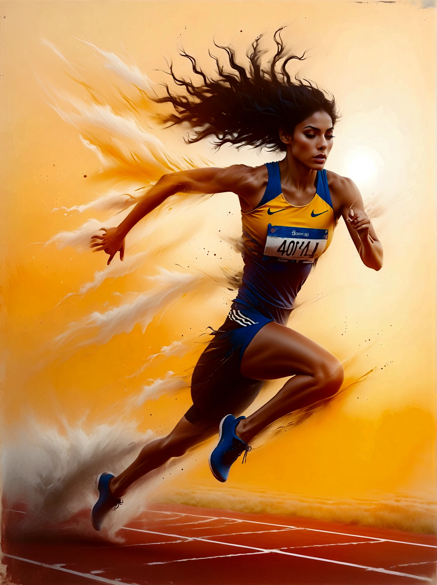 A dynamic scene unfolds on a professional athletics track where an intense competition is in progress. The setting sun in the background casts a warm light on the field, revealing an athlete, a determined South Asian woman in her mid-twenties, intensely focused on the task at hand. With her running shoes kicking up small dust clouds from the track, she is in the process of leaping over a hurdle. The hurdle, a strip of bright aluminum with a bar painted white and black for visibility, stands seemingly insurmountable but not for our athlete. Her muscles are tensioned, her form flawless as she jumps over it, in her royal blue and yellow athletic attire.