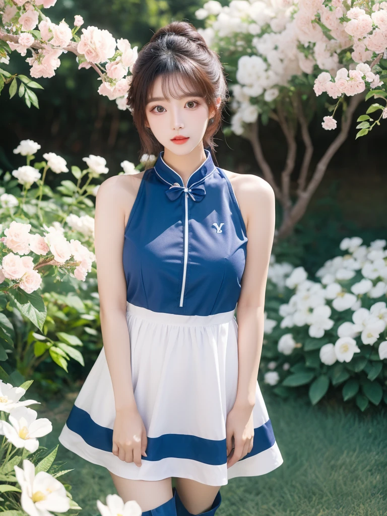Beautiful woman wearing a blue white Wearing uniform korea style clothes mini dress with decorations on the shirt and visible shoulders and wearing boots and being photographed with a background And he was in the middle of a yard filled with beautiful white flowers,Korean style swag, beautiful face so gorgeous, Beautiful eyes, y2k style,
