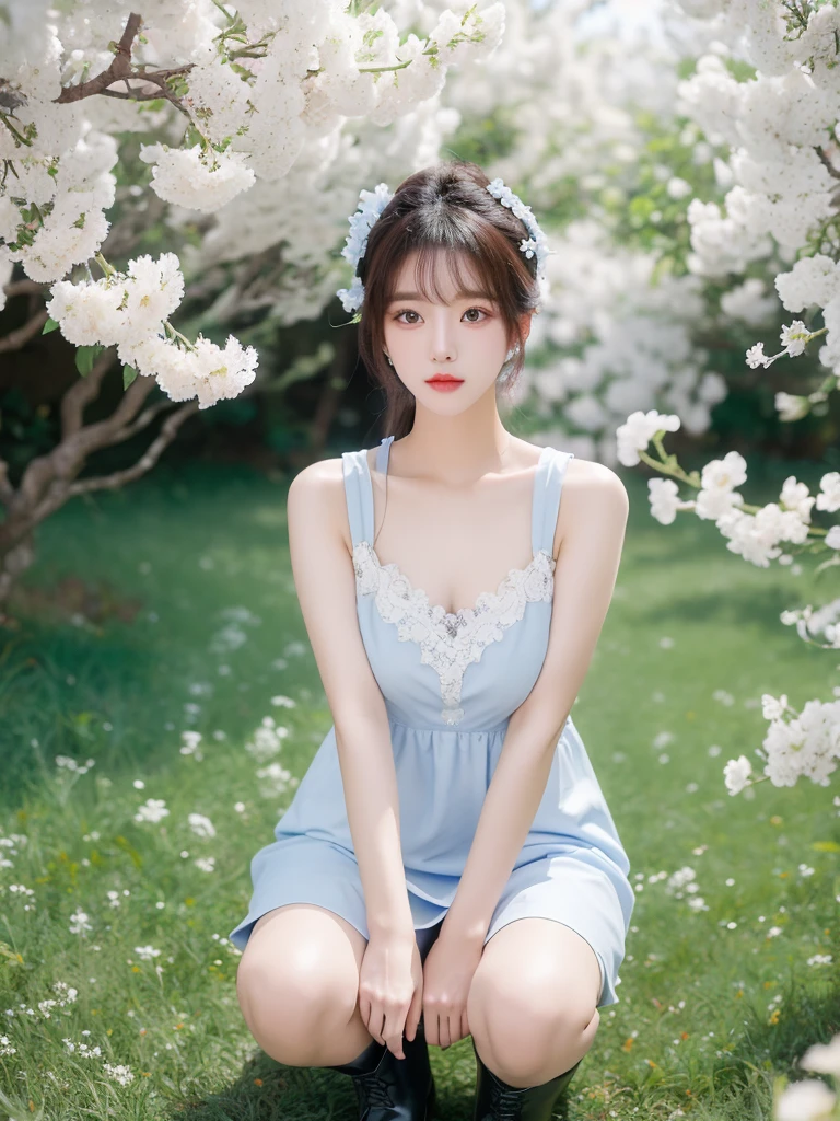 Beautiful woman wearing a blue white Wearing uniform korea style clothes mini dress with decorations on the shirt and visible shoulders and wearing boots and being photographed with a background And he was in the middle of a yard filled with beautiful white flowers,Korean style swag, beautiful face so gorgeous, Beautiful eyes, y2k style,