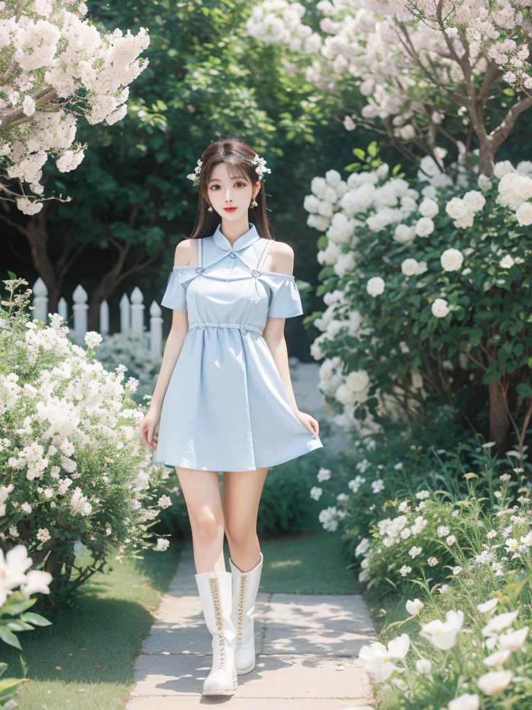 Beautiful woman wearing a blue white Wearing uniform korea style clothes mini dress with decorations on the shirt and visible shoulders and wearing boots and being photographed with a background And he was in the middle of a yard filled with beautiful white flowers,Korean style swag, beautiful face so gorgeous, Beautiful eyes, y2k style,