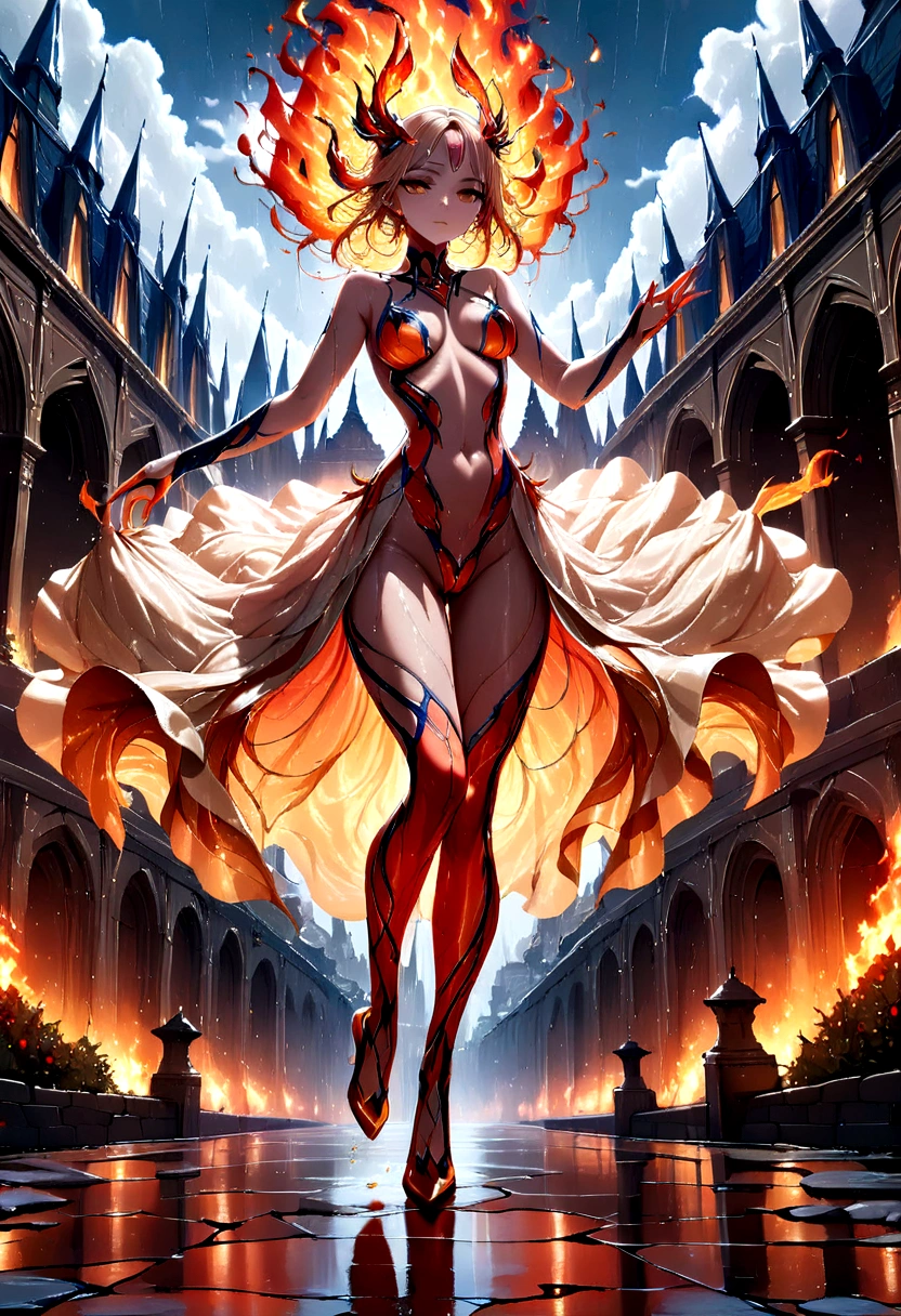 (a photorealistic portrait of a sorceress of fire making fire dance in a storm of rain: 1.5), a most exquisite beautiful sorceress, controlling fire manipulating fire, a woman, dynamic hair color, dynamic hair style, (most beautiful face: 1.3), (ultra detailed face: 1.2), wet hair, wet face, dynamic eyes color, full body shot, wearing dress made of fire, wearing intricate high heels, light make up, dancing in courtyard of a fantasy castle background, ((heavy rain drops: 1.1)), clouds in the sky, (anatomically correct: 1.4), (full body shot: 1.1) , vibrant, Ultra-high resolution, High Contrast, (masterpiece:1.5), highest quality, Best aesthetics), best details, best quality, highres, ultra wide angle, 16k, [ultra detailed], masterpiece, best quality, (extremely detailed), faize, Intense gaze, Cinematic Hollywood Film