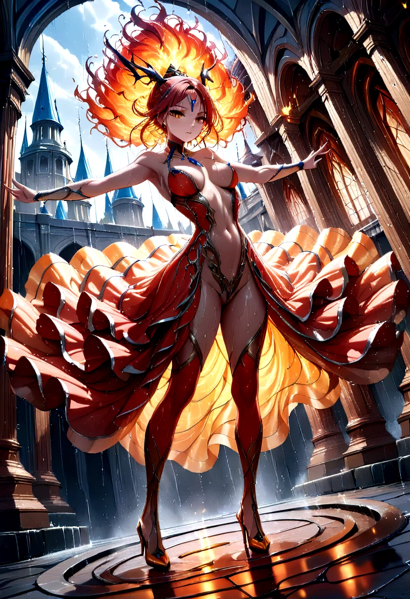 (a photorealistic portrait of a sorceress of fire making fire dance in a storm of rain: 1.5), a most exquisite beautiful sorceress, controlling fire manipulating fire, a woman, dynamic hair color, dynamic hair style, (most beautiful face: 1.3), (ultra detailed face: 1.2), wet hair, wet face, dynamic eyes color, full body shot, wearing dress made of fire, wearing intricate high heels, light make up, dancing in courtyard of a fantasy castle background, ((heavy rain drops: 1.1)), clouds in the sky, (anatomically correct: 1.4), (full body shot: 1.1) , vibrant, Ultra-high resolution, High Contrast, (masterpiece:1.5), highest quality, Best aesthetics), best details, best quality, highres, ultra wide angle, 16k, [ultra detailed], masterpiece, best quality, (extremely detailed), faize, Intense gaze, Cinematic Hollywood Film